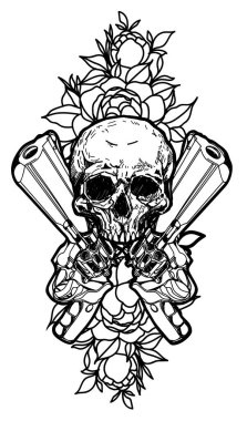 Dövme sanat silahları ve kafatası el çizimi ve beyaz arka planda izole çizgi çizimi ile siyah beyaz çizim.