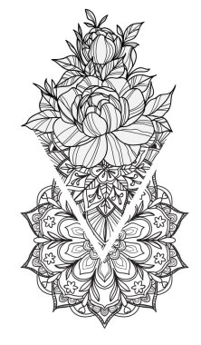 Dövme sanatı çiçekleri el çizimi ve çizim siyah beyaz arkaplanda izole çizgi çizimi ile siyah beyaz.