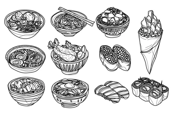 Food Japan Set Hand Drawing Sketch Black White — Stock Vector