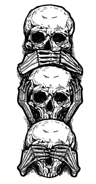 Tatuaje Arte Sketch Cráneo Orejas Cerradas Ojos Cerrados Boca Cerrada — Vector de stock