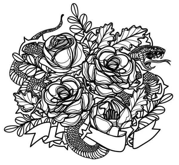 Tetování Umění Snak Kresba Květin Skica Černá Bílá — Stockový vektor