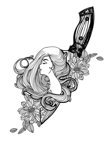タトゥーアート女性でナイフと花のスケッチ黒と白 — ストックベクタ