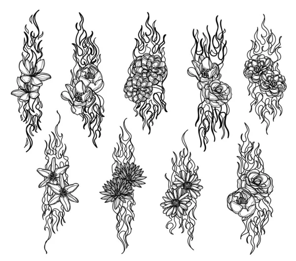 Kukat Käsi Piirustus Luonnos Musta Valkoinen — vektorikuva