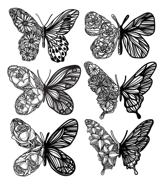 Tatuaje Arte Mariposa Boceto Blanco Negro — Vector de stock
