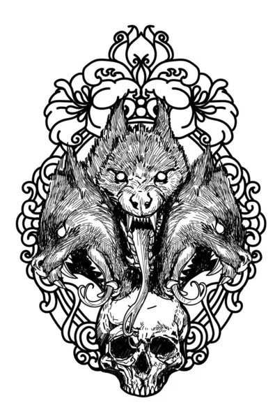 Tetování Lebka Vlk Ruční Kreslení Skica Černá Bílá — Stockový vektor