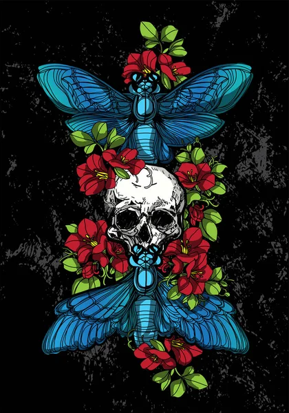 Tetování Umění Motýl Lebka Barva Květiny — Stockový vektor
