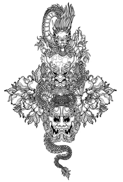 Dargon Art Tatouage Dessin Main Croquis Noir Blanc — Image vectorielle