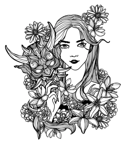 Tatuaje Arte Mujeres Máscara Flor Mano Dibujo — Vector de stock