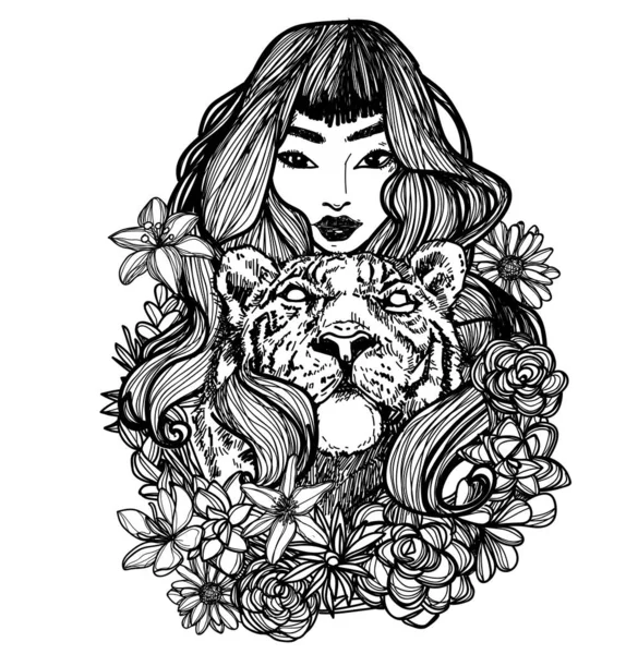 タトゥーアート女性虎と花の手描き — ストックベクタ