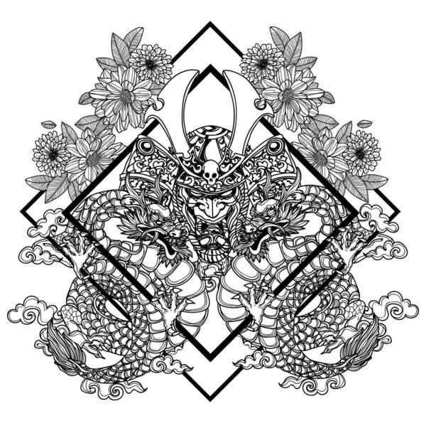 Tatuaje Arte Guerrero Dargon Mano Dibujo Boceto Blanco Negro — Archivo Imágenes Vectoriales