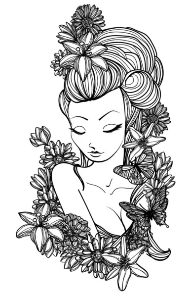 Tatuaje Arte Mujer Flores Boceto Blanco Negro — Vector de stock