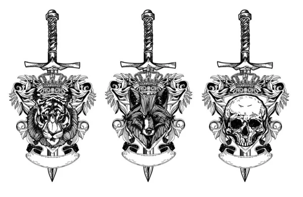 Tatouage Art Tigre Loup Crâne Dessin Croquis Noir Blanc Avec — Image vectorielle
