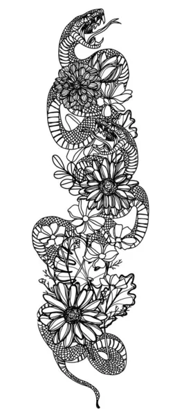 Татуировка Искусства Змея Цветочный Рисунок Эскиз Черно Белый — стоковый вектор