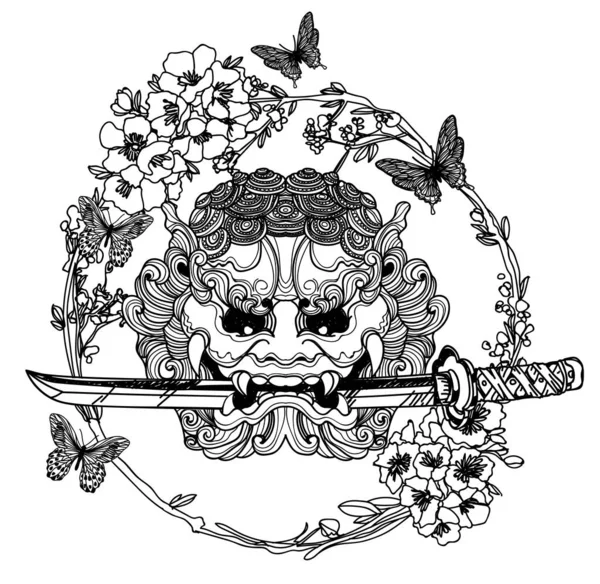 手描きやスケッチの周りの花とタトゥーアートの巨大な剣 — ストックベクタ