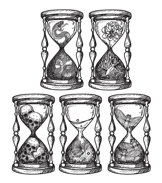 Татуировки Песочные Часы Которые Содержат Различные Вещи Ручной Рисунок — стоковый вектор