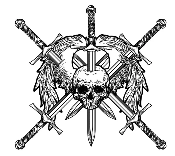 Dövme sanatı kafatası _ ve kılıç el çizimi