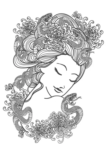 タトゥーアートの女性とヘビの花の手の絵とスケッチ黒と白 — ストックベクタ