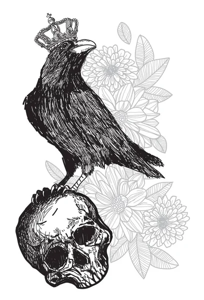 Corbeau Art Tatouage Portant Une Couronne Sur Crâne — Image vectorielle