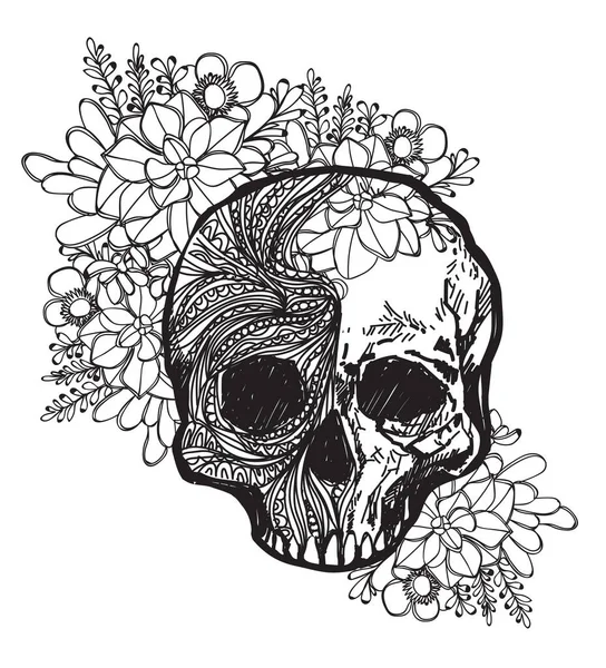 Tetování Umělecké Lebky Květiny Ruční Kreslení Náčrt Černé Bílé Čárou — Stockový vektor