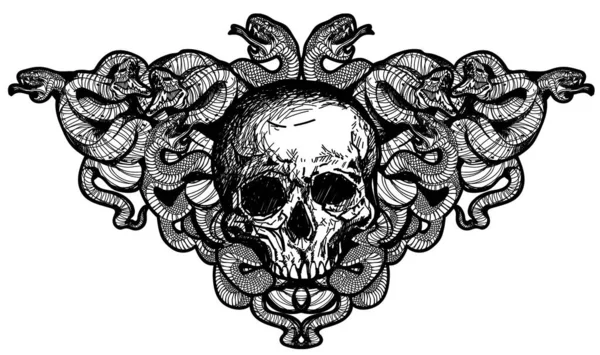 Tatouage Art Crâne Serpents Dessin Main — Image vectorielle