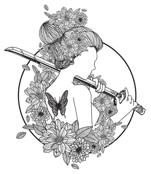 タトゥーアートの女性は剣の手の絵を保持し 黒と白のスケッチ — ストックベクタ