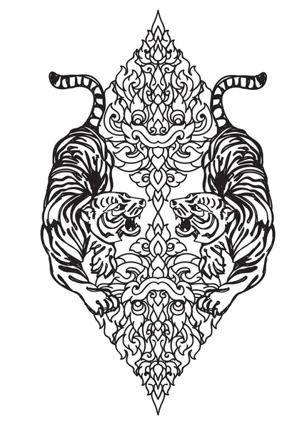 Tatuaje Arte Tigre Mano Dibujo Boceto Blanco Negro Con — Archivo Imágenes Vectoriales