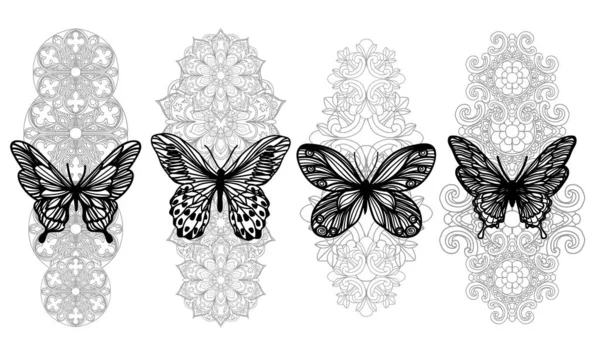 纹身艺术蝴蝶手绘素描与线条艺术图解隔离在白色背景下 — 图库矢量图片