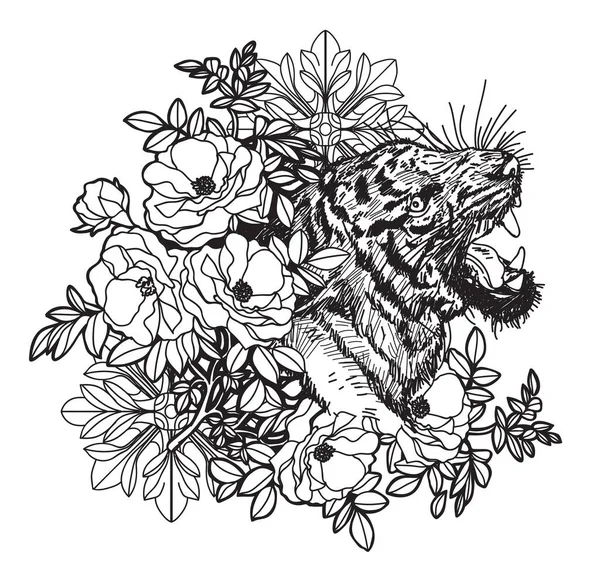 Рисунок Руки Тигра Татуировки Эскиз Черно Белый Рисунком Линии Белом — стоковый вектор