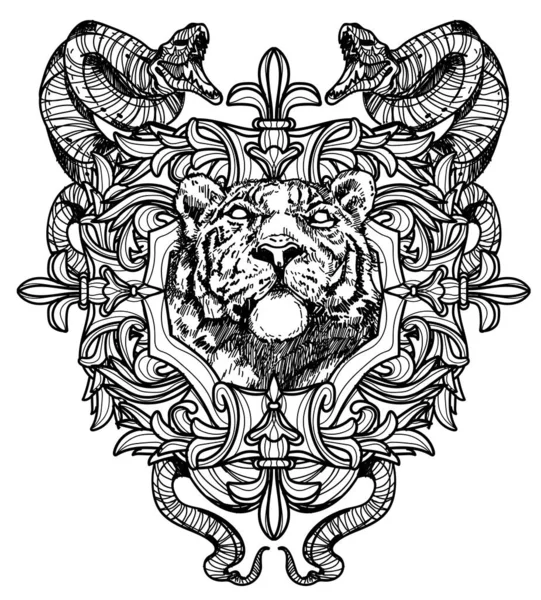 Tatuaje Arte León Dibujo Mano Blanco Negro — Archivo Imágenes Vectoriales