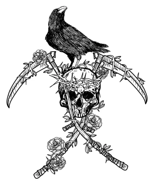 Tatuaje Arte Cuervo Usando Una Corona Cráneo — Archivo Imágenes Vectoriales