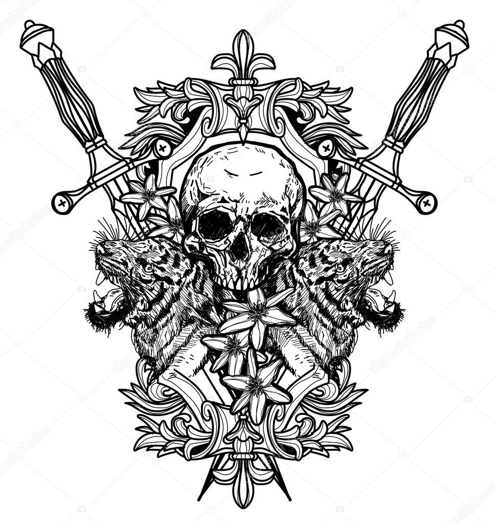 Tattoo art skull hand drawing black and white