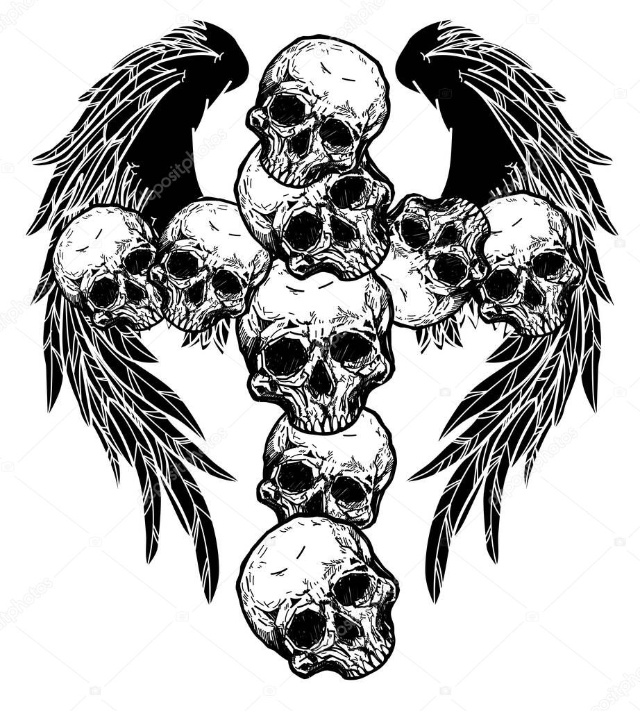 tattoo skull and wings black cross