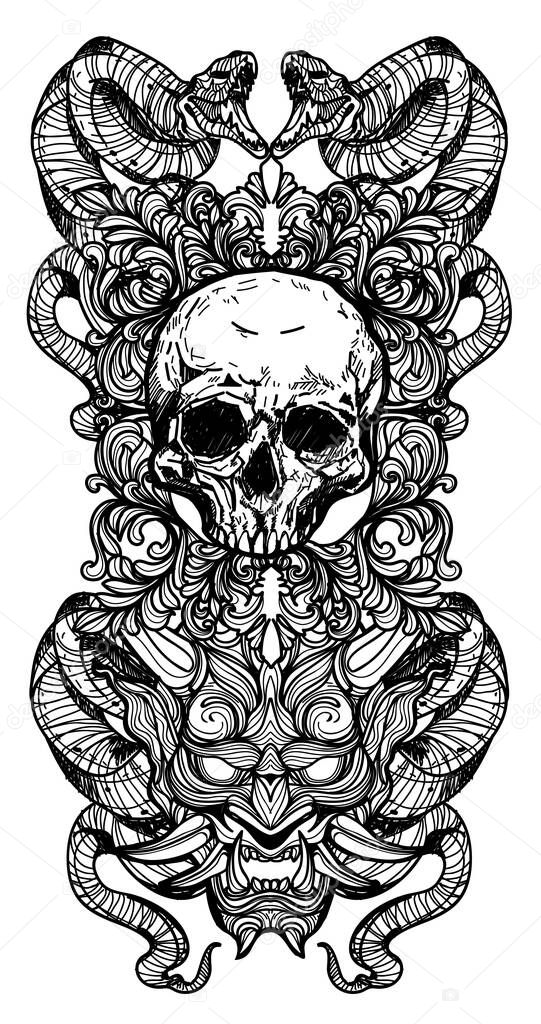 tattoo art skull and snakes hand drawing
