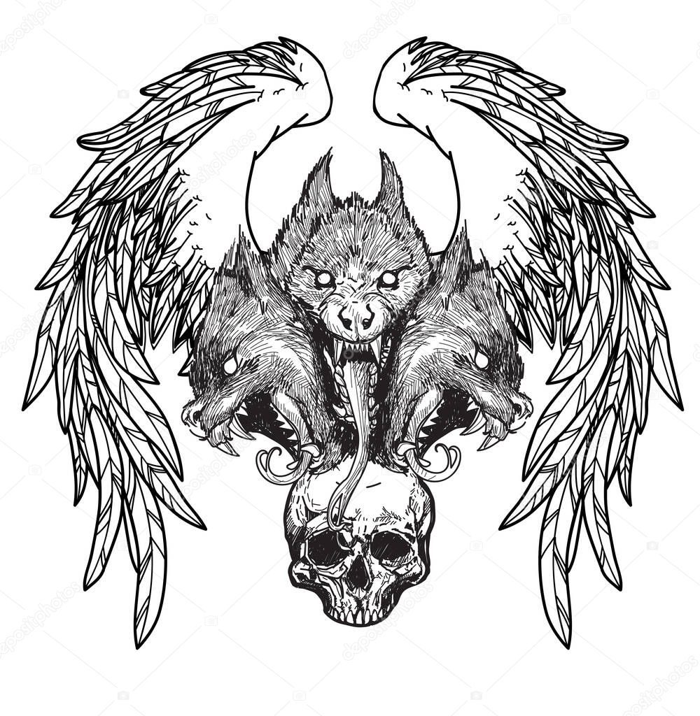 tattoo skull and wings hand drawing
