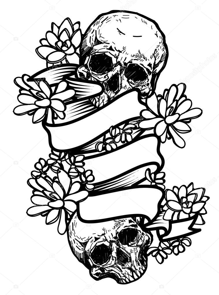 hand drawing skull and flowers sketch with line art illustration isolated on white background.