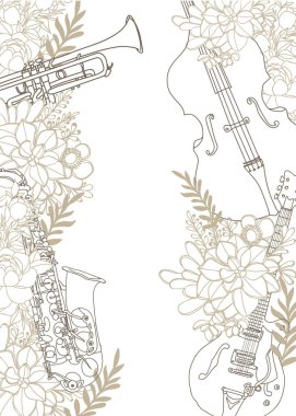 Beyaz arkaplanda izole edilmiş çiçeklerdeki müzik aleti 