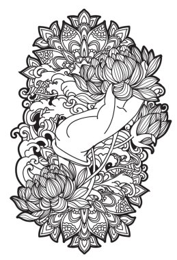 Beyaz arkaplanda izole edilmiş çizim çizimi olan dövme sanat nilüferleri.