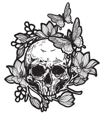 Dövme sanat kafatası ve kelebek el çizimi ve çizimi