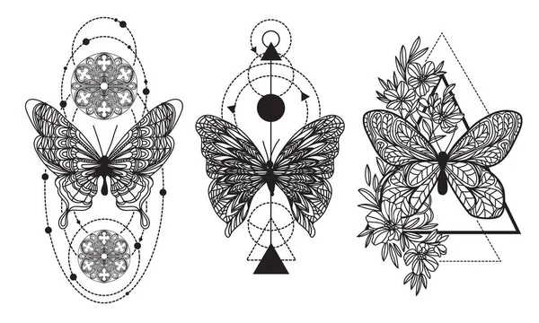 Tatuaje Arte Mariposa Mano Dibujo Boceto Con Ilustración Arte Línea — Vector de stock