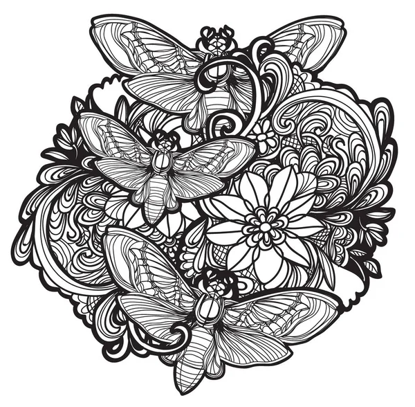 Набор Татуировок Бабочка Скетч Черно Белый — стоковый вектор