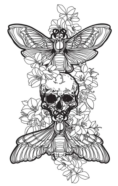 Tatuaje Arte Cráneo Mariposa Dibujo Boceto Blanco Negro — Archivo Imágenes Vectoriales