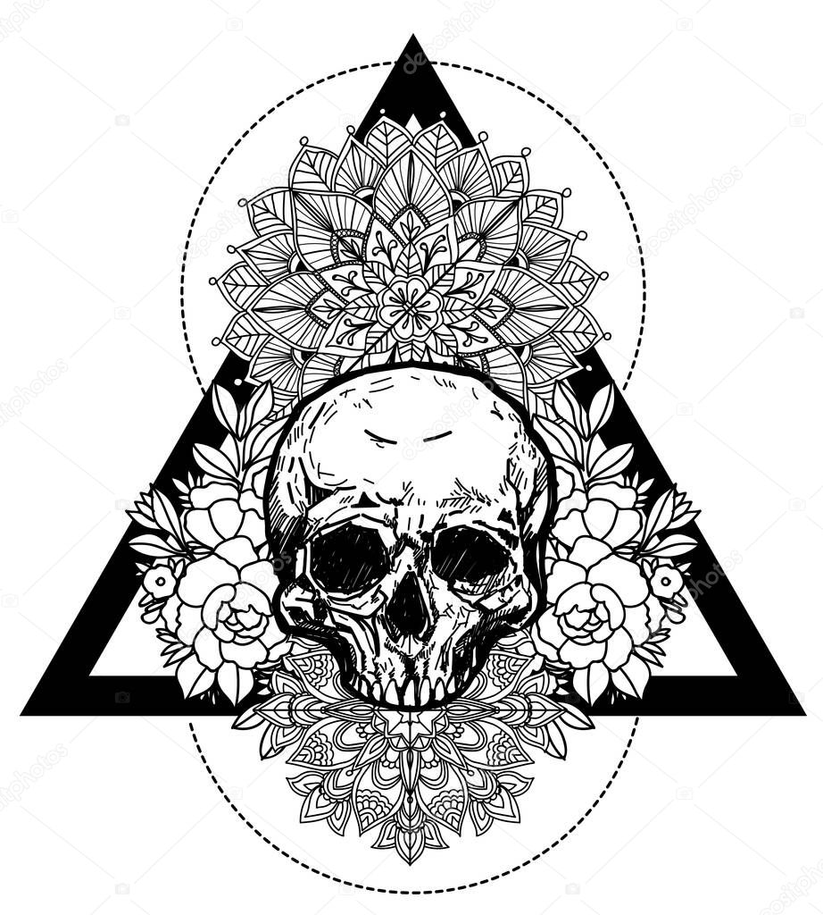 Tattoo art skull and flower hand drawing and sketch black and white with line art illustration isolated on white background.