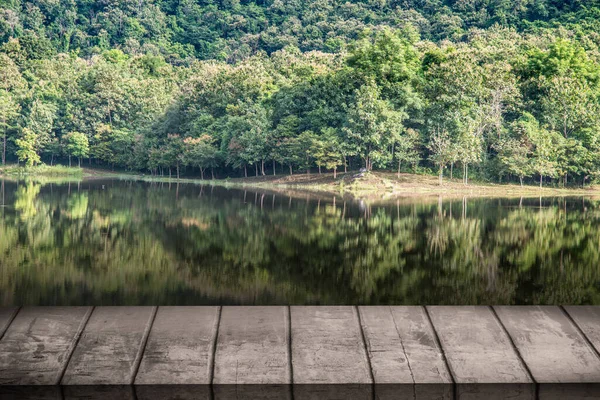 复古木板桌前的梦幻和抽象的森林景观泻湖 — 图库照片