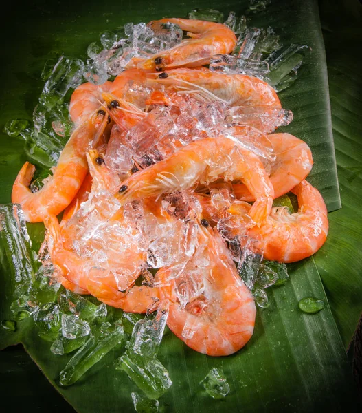 Crevettes Congelées Avec Glaçons Sur Fond Bois — Photo