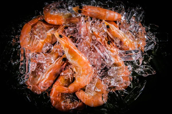 Zmrazené Krevety Kostkami Ledu Dřevěném Pozadí — Stock fotografie