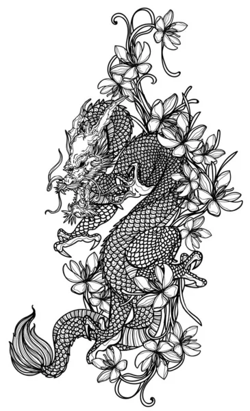 Tatuaje Arte Dragón Flor Dibujo Mano Boceto — Vector de stock