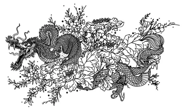 Tattoo Art Dragon Flower Hand Drawing Sketch — Stock Vector