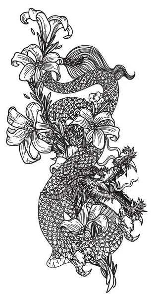 Tattoo Art Dragon Flower Hand Drawing Sketch — Stock Vector