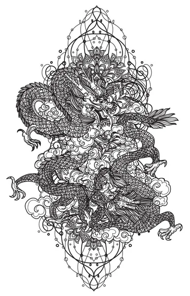 Tatuaje Arte Dragón Dibujo Mano Boceto — Vector de stock
