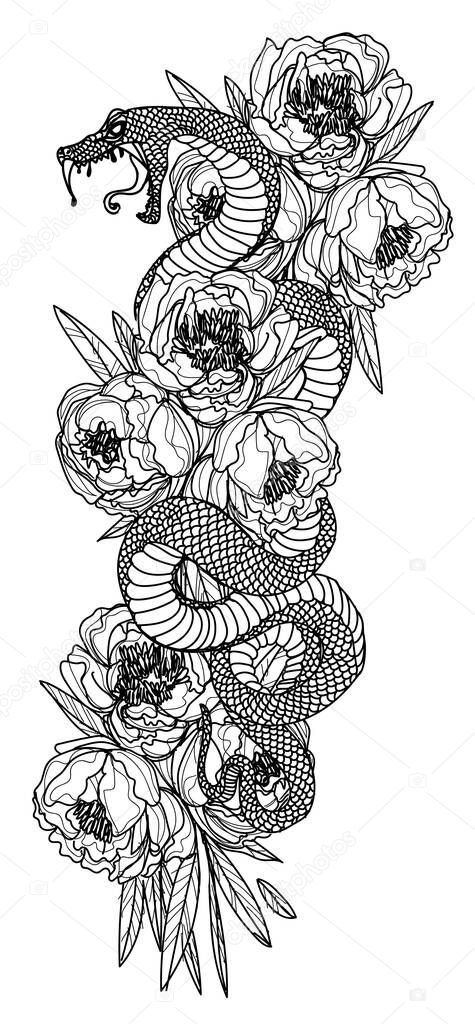 Tattoo art snake and flower hand drawing and sketch